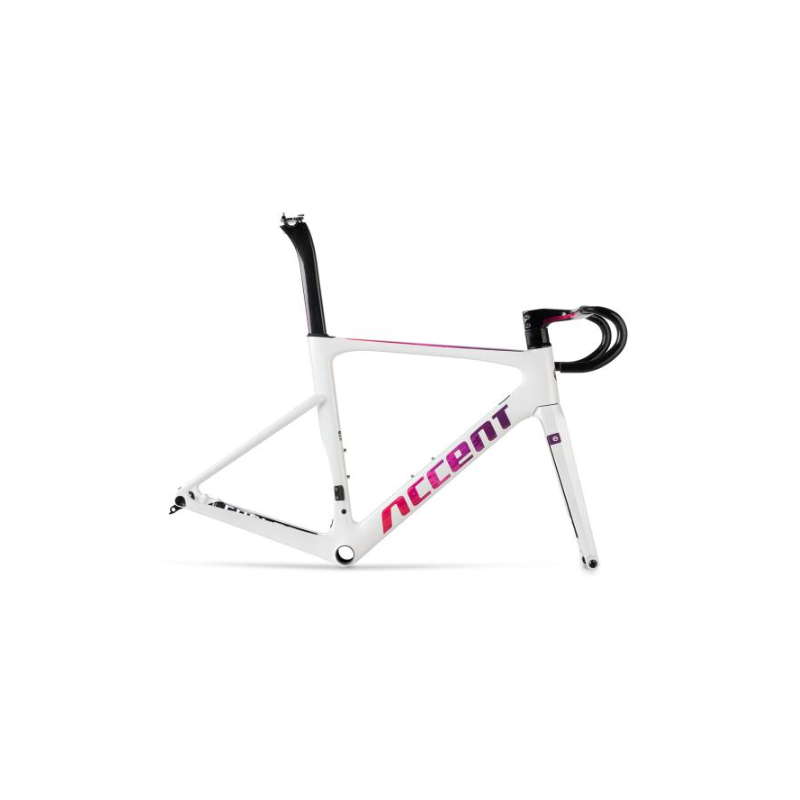Rama szosowa ACCENT Cyclone Carbon Disc biały / różowy  (rama, widelec, kierownica, stery, wspornik siodła)142x12mm 100x12mm